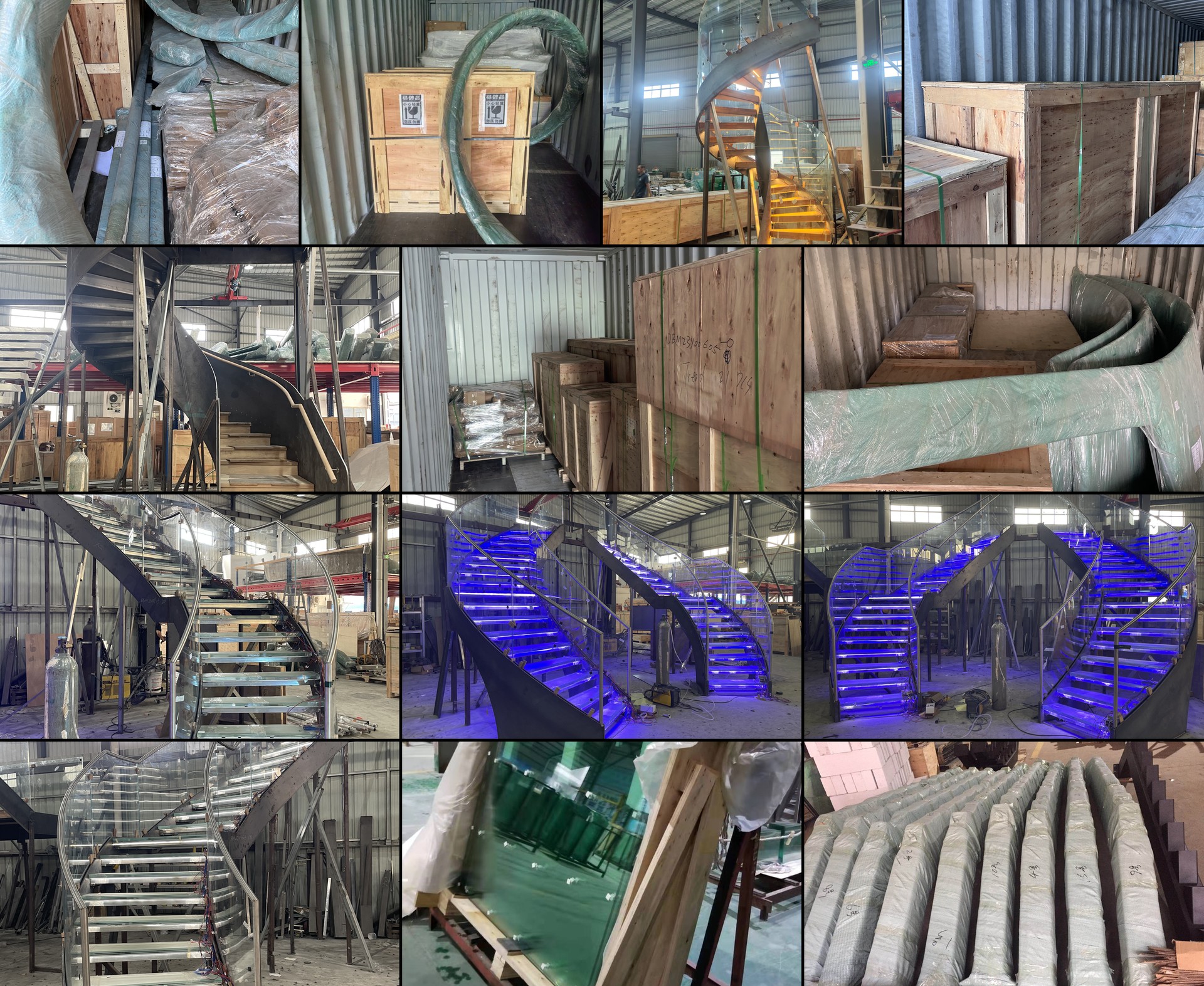 Custom staircase manufacturing at our Guangdong factory — spiral and curved steel stair fabrication, glass railing panels, workshop trial assembly, and export wooden crating for international shipping.